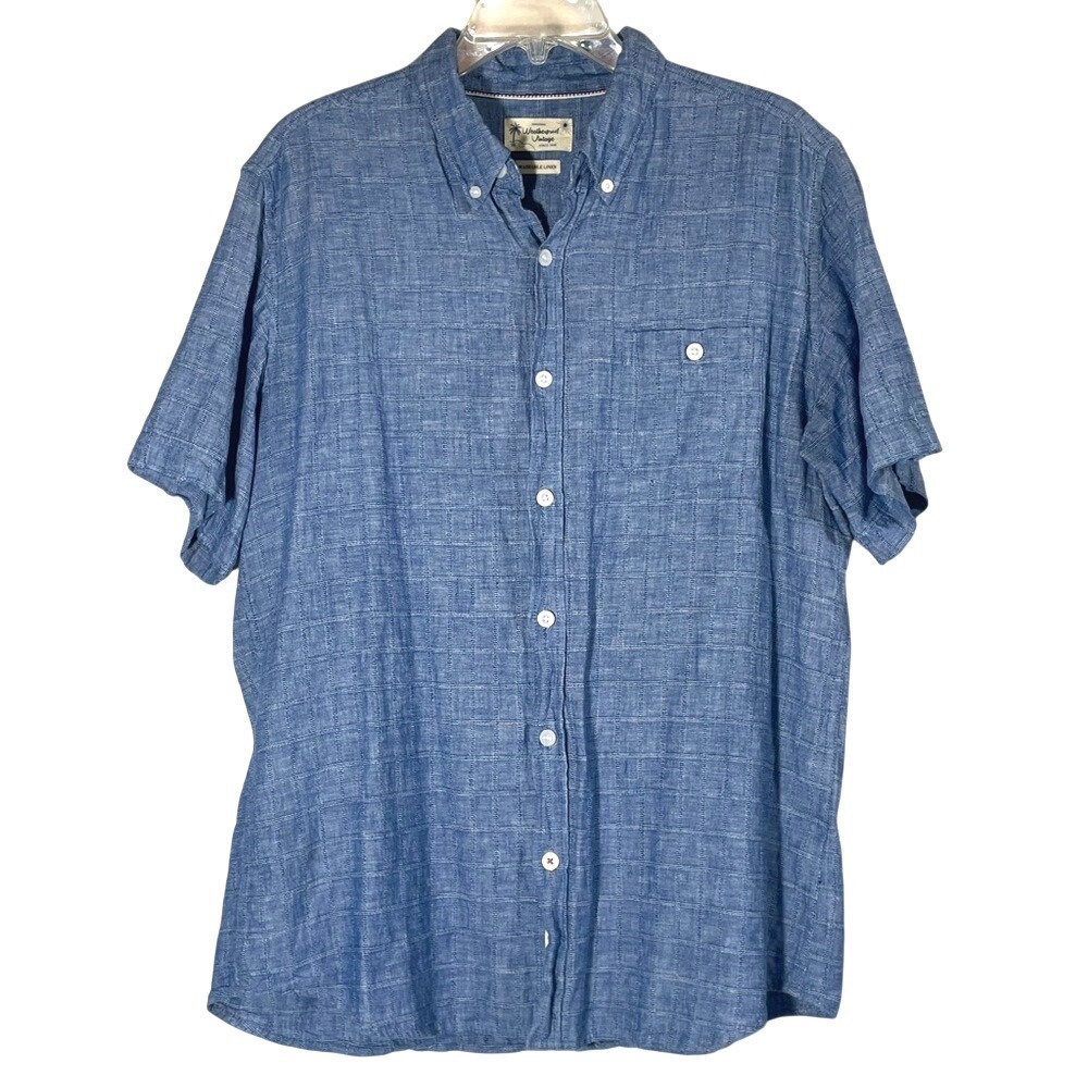 Weatherproof Vintage Washable Linen Grid Short Sleeve Button Down Size L Blue